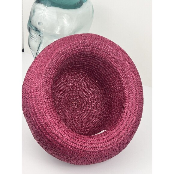 VTG Laura Ashley Italy Pink Red Raffia Straw Hat Rolled Brim Coche Style Cottage
